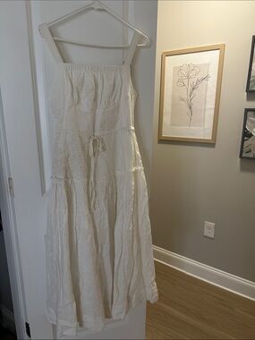 Anthropologie Ivory Linen Embroidered Tiered Midi Dress with Drawstring Waist